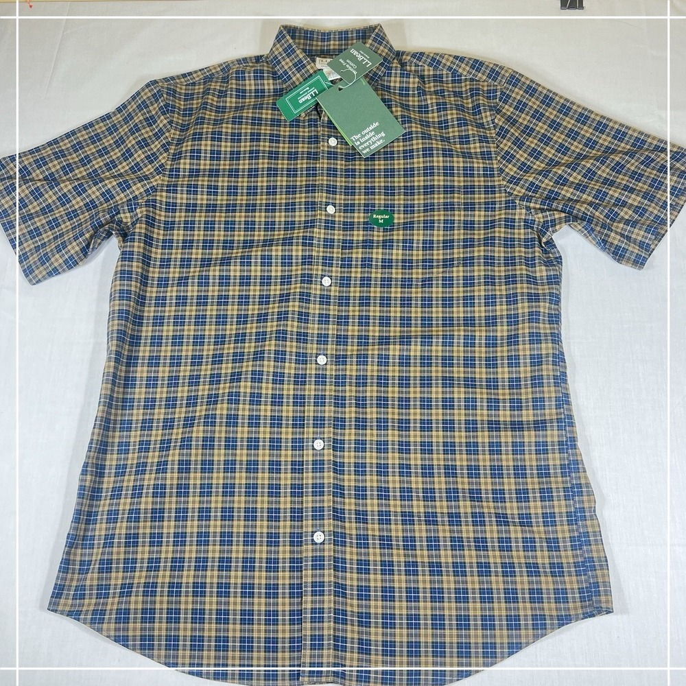 LL Bean Shirt Plaid Blue Tan Cotton Mens M Regular 502253